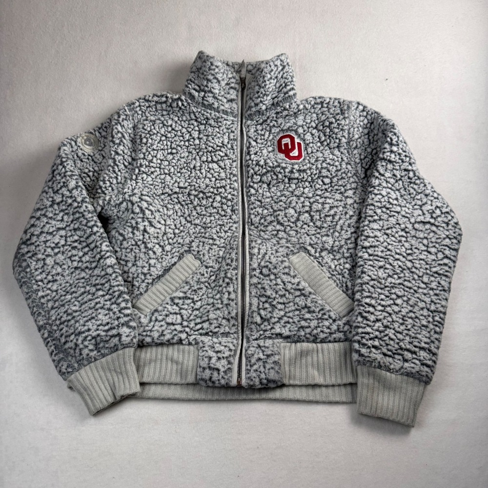 Colosseum Oklahoma Sooners Sherpa Fleece Jacket Gray Full Zip Mens M OU Logo